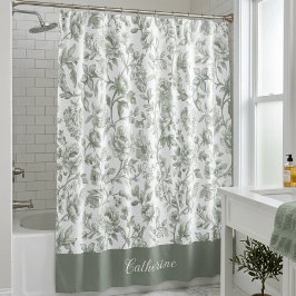 Salbeigrünes florales vintage Toile-Monogramm Name Duschvorhang