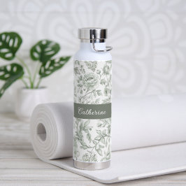 Salbeigrünes florales vintage Toile Monogramm Name Trinkflasche