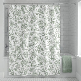 Salbeigrünes florales vintage Toile-Muster  Duschvorhang
