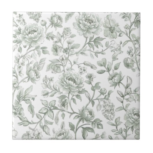 Salbeigrünes florales vintage Toile-Muster  Fliese (Vorderseite)