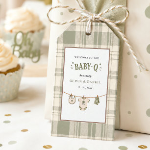 Salbeigrünes Gingham-Baby-Shower Vintage-BBQ Geschenkanhänger