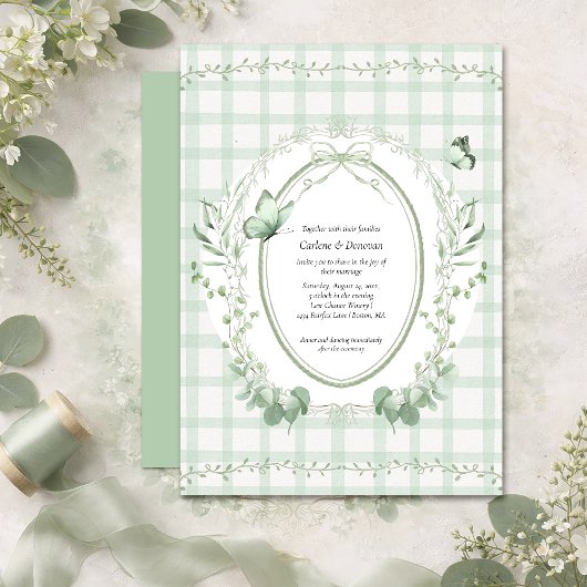 Salbeigrünes Gingham Botanical Hochzeit | Einladung