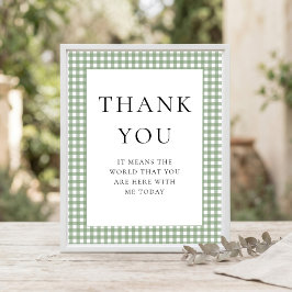 Salbeigrünes Gingham-Dankeschön-Baby-Shower-Schild Poster