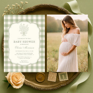 Salbeigrünes Gingham-Foto-Baby-Shower Einladung