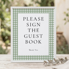 Salbeigrünes Gingham-Gästebuch-Baby-Shower-Schild Poster
