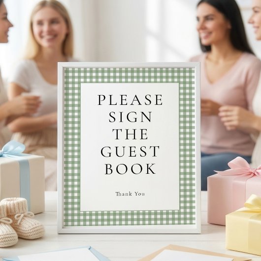 Salbeigrünes Gingham-Gästebuch-Baby-Shower-Schild Poster