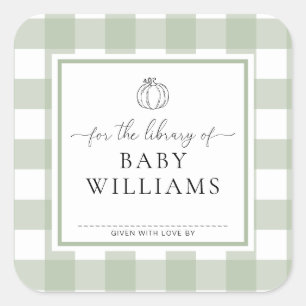 Salbeigrünes Gingham-Kürbis-Bibliotheks-Exlibris Quadratischer Aufkleber