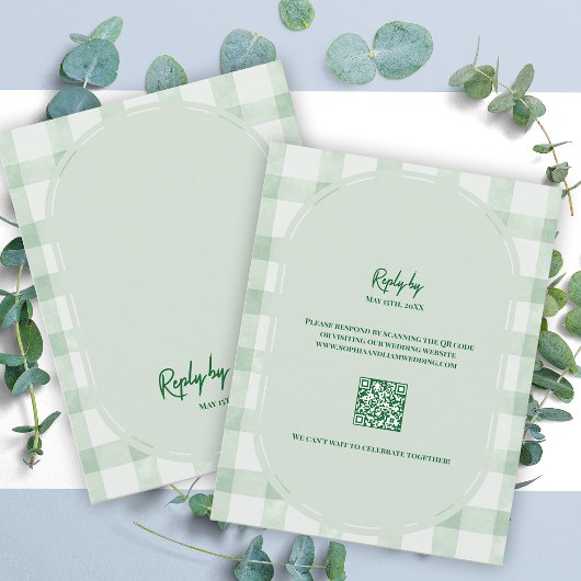 Salbeigrünes Gingham-QR-Code-Hochzeit RSVP Karte