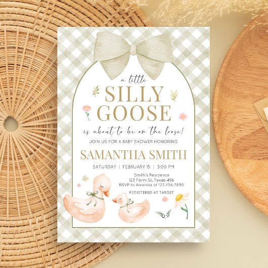 Salbeigrünes Gingham Silly Goose Babyshower Einladung