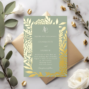 Salbeigrünes Gold-Botanik-Monogramm Luxus-Hochzeit Folieneinladung
