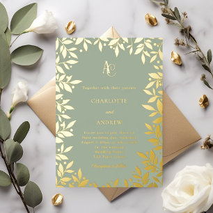 Salbeigrünes Gold-Botanik-Monogramm Luxus-Hochzeit Folieneinladung