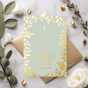 Salbeigrünes Gold-Botanik-Monogramm Luxus-Hochzeit Folieneinladung
