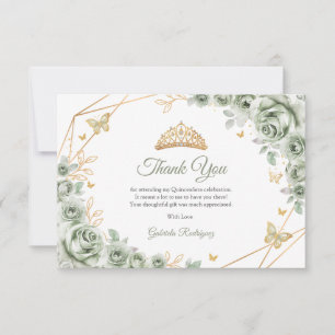 Salbeigrünes Gold Florales Quinceanera Dankeskarte