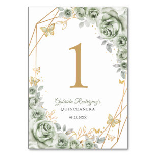 Salbeigrünes Gold Florales Quinceanera Tischnummer