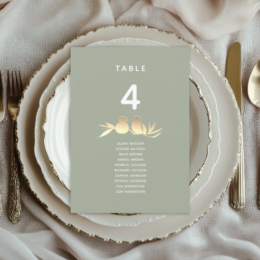 Salbeigrünes Gold Liebesvögel Hochzeit Sitzplan