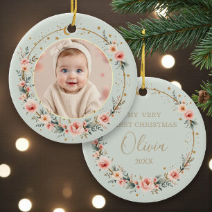 Salbeigrünes Himmels-Baby-Erstes-Weihnachts-Foto Keramik Ornament