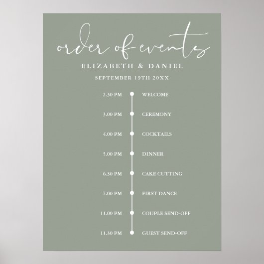 Salbeigrünes Hochzeitsablauf-Schild Poster (Vorne)