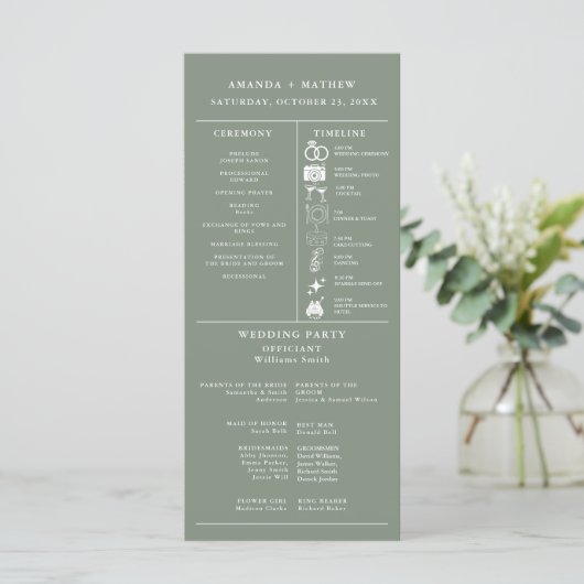 salbeigrünes Hochzeitsinfografik-Programm (Stehend Vorderseite)