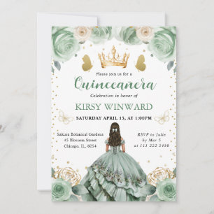 Salbeigrünes Kleid Brünette Prinzessin Quinceanera Einladung