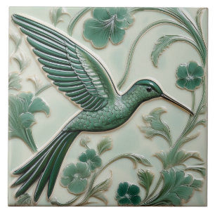 Salbeigrünes Kunststoff-Relief Art Nouveau Kolibri Fliese