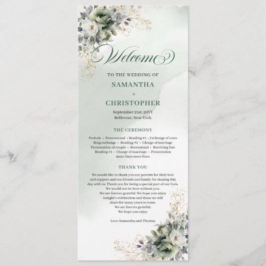 Salbeigrünes Laub Botanisches Hochzeitsprogramm Programm (Vorderseite)