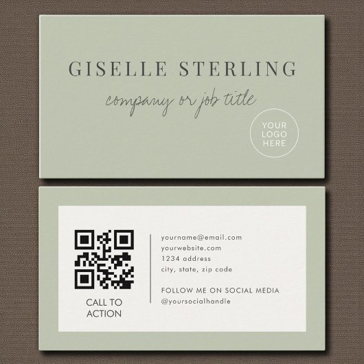 Salbeigrünes minimalistisches Firmenlogo QR Code Visitenkarte