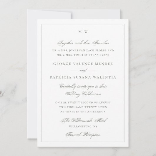 Salbeigrünes Monogramm Klassische Hochzeit Einladung (Vorderseite)