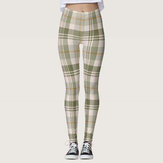 Salbeigrünes neutrales Karomuster Leggings (Vorderseite)