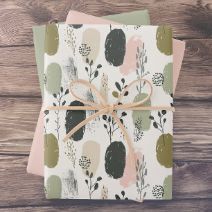 Salbeigrünes Rosé-Launisches Blattmuster Geschenkpapier Set