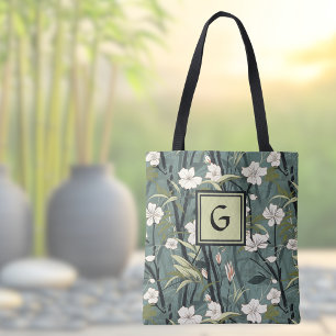 Salbeigrünes schwarzes florales japanisches Stil-M Tasche