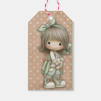 Salbeigrünes Softbeige Vintage Mädchen mit großen Geschenkanhänger