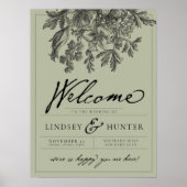 Salbeigrünes Vintage-Blumen-Script-Hochzeitswillko Poster (Vorne)