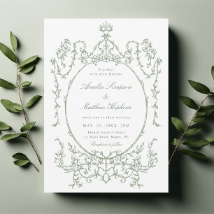 Salbeigrünes Vintage-Blumenrahmen-Hochzeit Einladung