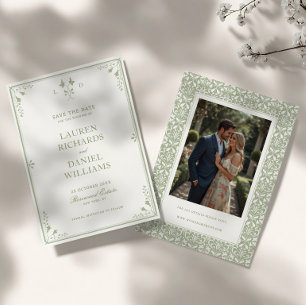 Salbeigrünes Vintage-Garten-Monogramm-Hochzeit Save The Date