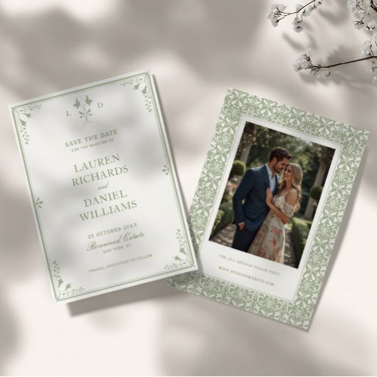 Salbeigrünes Vintage-Garten-Monogramm-Hochzeit Save The Date