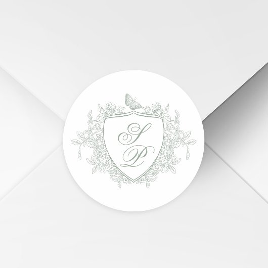Salbeigrünes Wappen-Monogramm-Hochzeit Runder Aufkleber