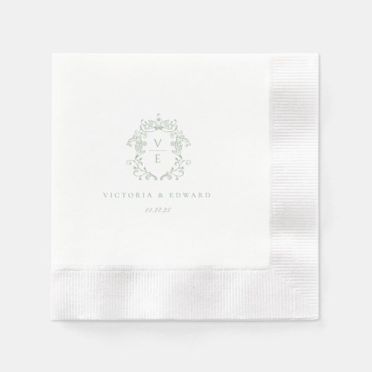 Salbeigrünes Wappen-Monogramm-Hochzeit Serviette (Vorderseite)