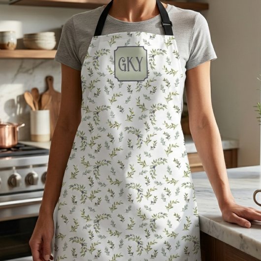 Salbeigrünes Wasserfarben-Monogramm Chic Oliven Mu Schürze