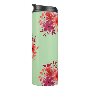Salbeigrünes Wasserfarben-Rot-Blumen-Reisemug Thermosbecher