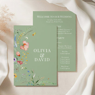Salbeigrünes Wildblumen-Hochzeitsprogramm Einladung