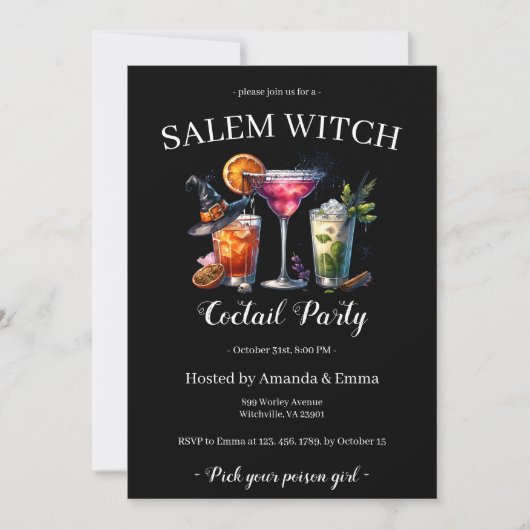 Salem Hexe Beängstigend Coctail Party Schwarzes Ha Einladung (Vorderseite)