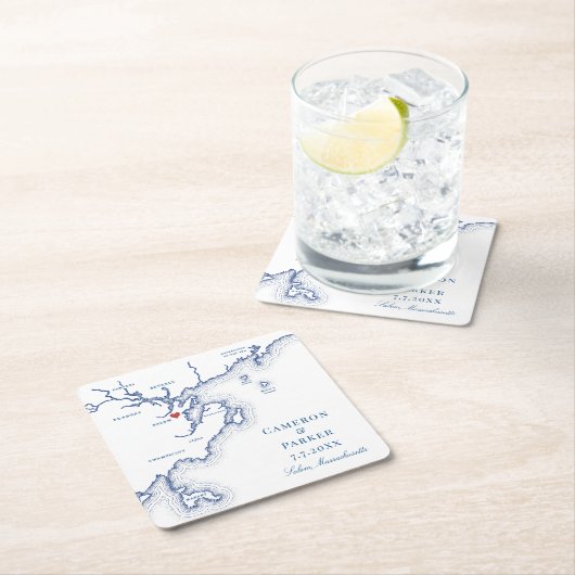 Salem MA Map Elegant Navy Blue Gastgeschenk Hochze Rechteckiger Pappuntersetzer (Vor Ort)