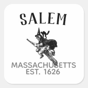 Salem Massachusetts halloween witz on broom & cat Quadratischer Aufkleber