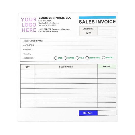 Sales Invoice Booklet (Name & Logo) Personalized  Notizblock (Vorderseite)