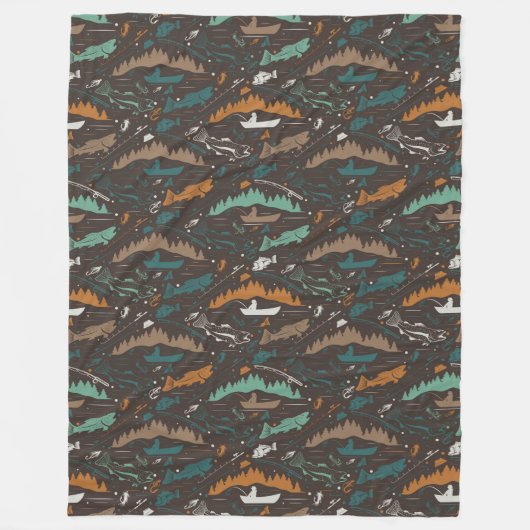 Salmon Fishing Man in Boat Lake Forest Pattern Fleecedecke (Vorderseite)
