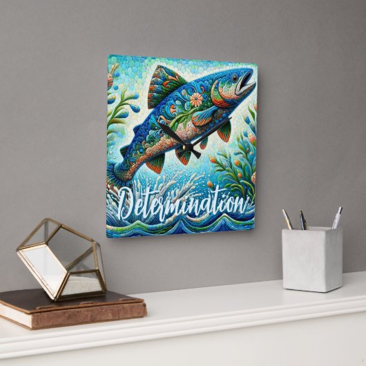 Salmon Jumping Mosaic Floral Blue Personalized Quadratische Wanduhr (Büro)