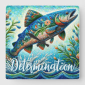 Salmon Jumping Mosaic Floral Blue Personalized Quadratische Wanduhr (Vorderseite)