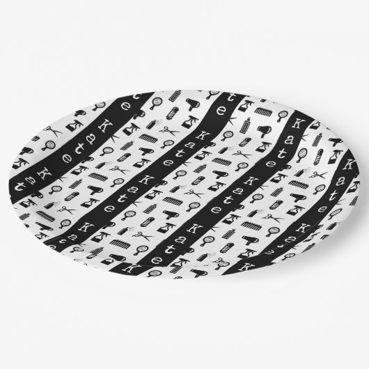 Salon & Barber Friseur Muster INDIVIDUELLE NAME Pappteller (Schrägansicht)