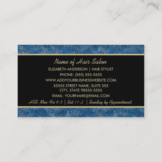 Salon Blue Cheetah Print für Beautician Visitenkarte (Rückseite)