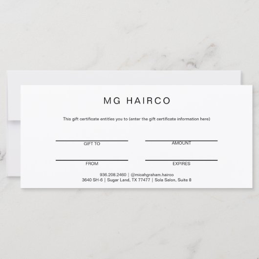 Salon Customer B/W Geschenkzertifikat (Rückseite)